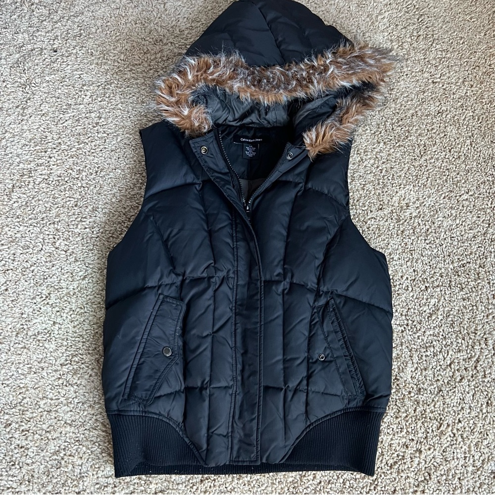 Calvin Klein Black Puffer Vest zip up Vest With Hoodie size large
